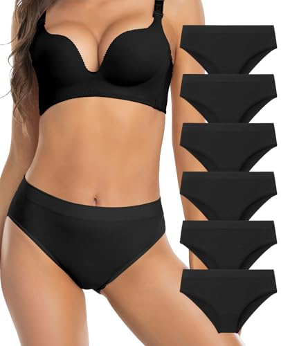 Womens Bikini Panties Seamless Underwear, Soft Stretch Cheekini Hipster Briefs 6 Pack (Black L)