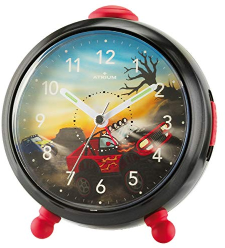 ATRIUM Kinderwecker Jungen Ramper Offroader Schwarz Rot Analog Quarz ohne Ticken mit Licht und Snooze A932-7