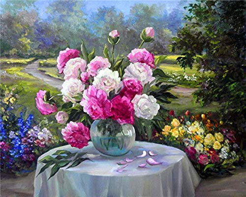 YEESAM ART DIY Ölgemälde Malen nach Zahlen Erwachsene Kinder, Rosa Blumen Zahlenmalerei ab 5 Öl Wandkunst (Rosa Gelbe, mit Rahmen)