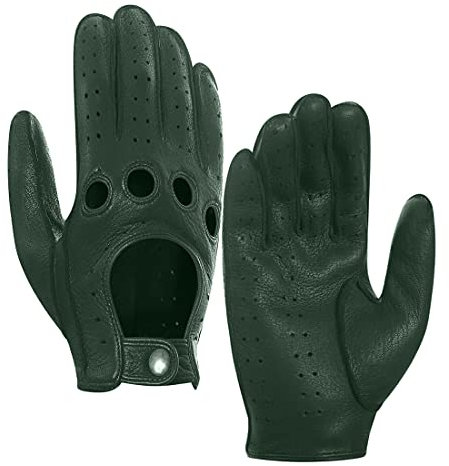 Harssidanzar Herren Lederfahrhandschuhe Hirschleder Ungefüttert, Jägergrün, L