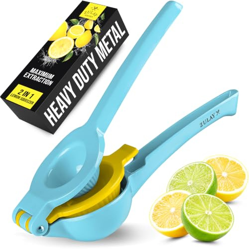 Zulay - Exprimidor de limón y lima 2 en 1 de metal, exprimidor de mano, exprimidor manual de máxima extracción (azul amarillo)