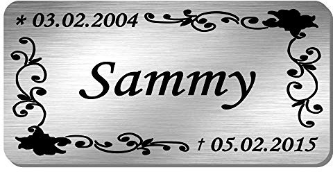 Edelstahl Tiergedenktafel mit Lasergravur - Grabschild * Modell Sammy | Grabschmuck, Gedenktafel für Hunde, Katzen und andere Tiere, Größe ca. 100 x 50 mm, viele Schriftarten