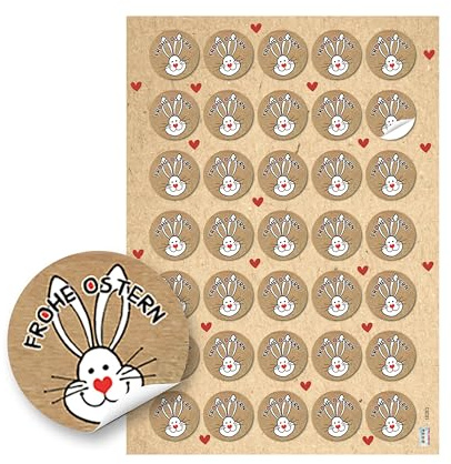 Aufkleber Set Ostern: 35 Runde Ostersticker, Hochwertiger Druck, Weiß/Natur mit Osterhasen, Frohe Ostern Schriftzug, Selbstklebend, Für Geschenke, Tüten & Karten, Made in Germany, ⌀ 3,2 cm