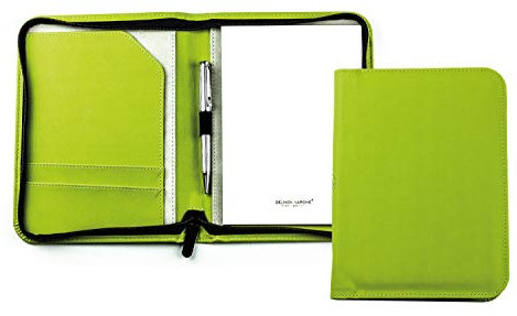DELMON VARONE - Personalisierbare Schreibmappe DIN A5 „EcoAppleLeather“ Grün, Recycled Öko Apfel Leder Konferenzmappe mit Notizblock, Stiftschlaufe, Steckfächer, Organizer Orgamappe mit Reißverschluss