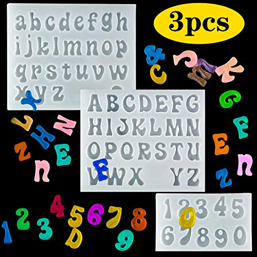 Palksky Lot de 3 mini moules en résine avec chiffres en silicone et chiffres alphabet en époxy pour le bricolage, le pendentif, les boucles d'oreilles, les bijoux, les bonbons cholatés