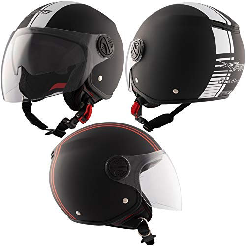 Motorrad Jet Helm Schwarz ECE 22 06 Genehmigt Grafik Weiß Orange M