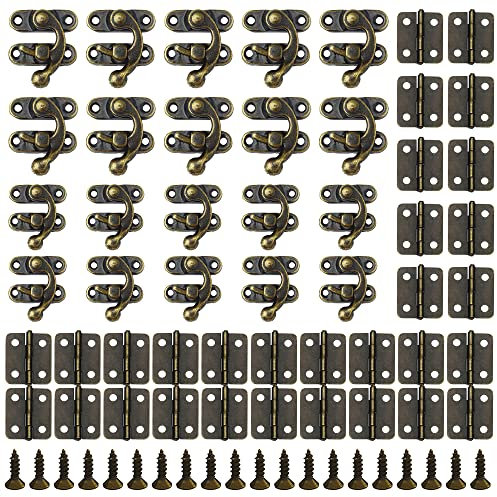 Pamtns 20 Piezas Cierres Cajas Vintages Cerradura 40 Piezas Bisagras Pequeñas con Tornillos Cuernos Candado Gancho Cierre de Bronce Antiguo Decoración para Caja de Madera Armario Accesorios DIY