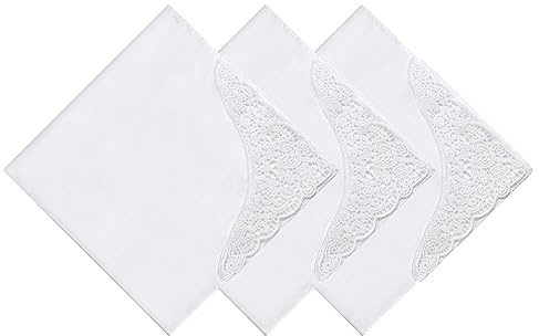 Houlife Damen Taschentuch – Große Einstecktücher für Damen, solide weiße bestickte Spitze, 100 % 60er Jahre gekämmte Baumwolle, Damen-Einstecktuch mit Blumenmuster, 3/6-teilig, Weiß 4, Large