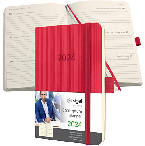 SIGEL C2435 Terminplaner Wochenkalender 2024, ca. A6, rot, Softcover, 176 Seiten, Gummiband, Stiftschlaufe, Archivtasche, PEFC-zertifiziert, Conceptum