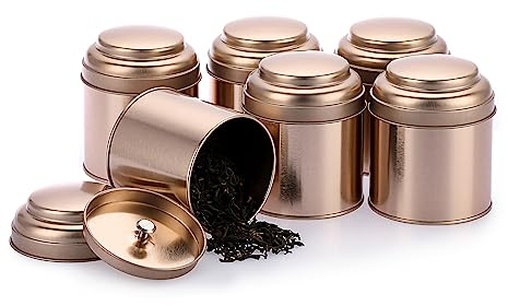 IGNPION Paquete de 6 botes de lata de té con tapas dobles herméticas, caja de lata de 8 onzas y recipientes redondos de cocina para té suelto, café, dulces, hierbas y especias (oro pálido)