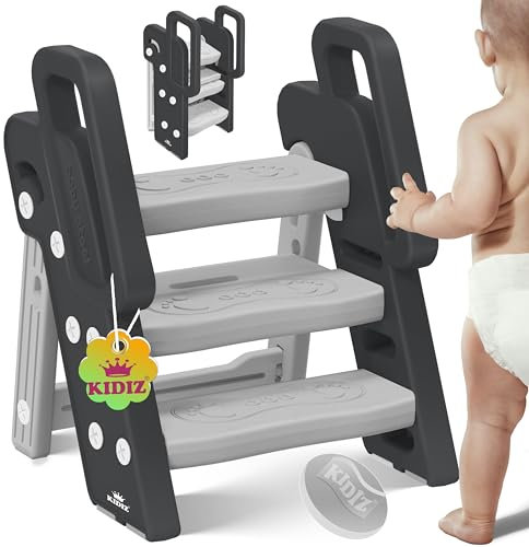 KIDIZ® Tabouret pour Enfants Escabeau Pliable avec 3 marches | Tour d'apprentissage Pliable de 18 Mois à 6 Ans | Robuste | Marchepied sûr & Stable | Hauteur réglable Antidérapant