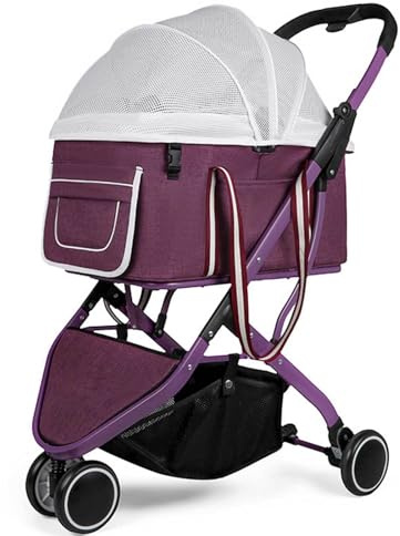 Hunde-Kinderwagen für Kleine Hunde und Katzen Multifunktionaler Reise-Kinderwagen für Katzen und Welpen mit Abnehmbarem Träger Leichter, Faltbarer Hundebuggy mit 360°-Rad,Purple