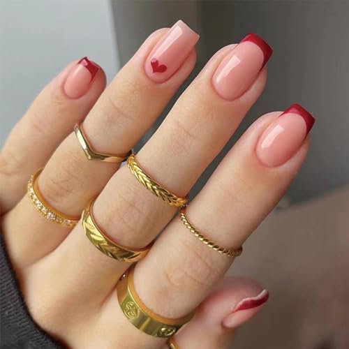 Kaiperala 24pcs Short Square False Nails French Tip Press on Nails Red Edge Heart Design Stick on Nail Removable Glue on Acrylic Full Cover Fake Nail Art Accessories for Women Girls
