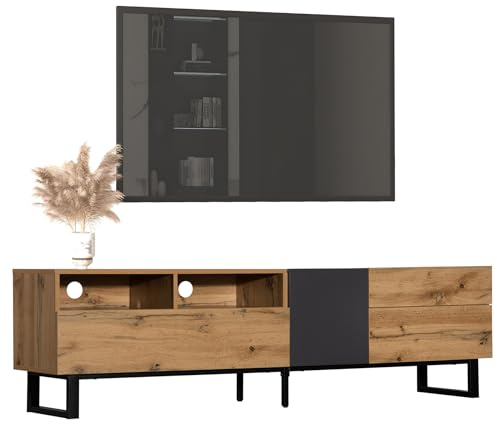 Kdtoll TV Board I Moderner Colorblocking Lowboard TV-Schrank mit Holzmaserung 180cm I Praktische Aufbewahrungsfunktion - Ergonomisches Design Fernsehschrank I Schwarz/Anthrazit