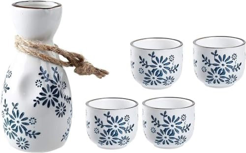 RWRAPS Sake Set, 5 Piece Handmade Ceramic Wine Cup Pottery Sake Bottle and 4 Cups, Ideal for Japanese Sake