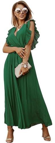 HEYPORK Damen Frühling Sommer Kleider Bequem Lässig Kleid Mode Elegant Röcke Frauen Temperament Langes Kleid Geraffte Ärmel Chiffon Faltenrock Feste Farbe Kleider(Grün, S)