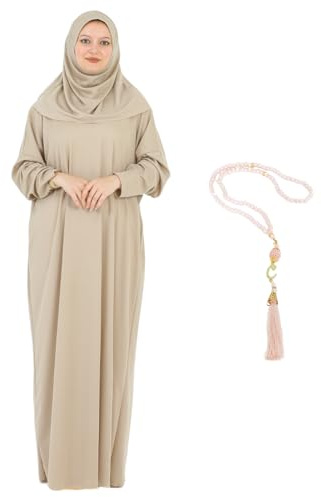 Modish grupp kvinnor bönkläder med hijab muslimska kläder lång rock abaya turkiska islamiska klänningar Dubai Kaftan med radband, Mink, en storlek