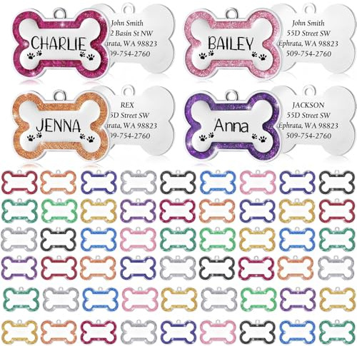 Yaocom Personalisierte Hundemarken mit Glitzer, blanko, Haustier-ID-Tags zum Gravieren, 4,6 mm, Metallknochenform, Namensschild zum Selbermachen, graviert für Haustiere, Hund, Welpen, Katze, 12