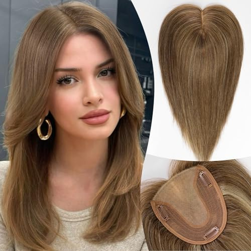 EMMOR Topper Haarteil Naturhaar Echthaar für Frauen bei dünnerem Haar 30cm Skin Scalp 13x15cm Große Basis Volumen für Haarausfall Top Hairpieces Wiglets Topper(Aschbraun)