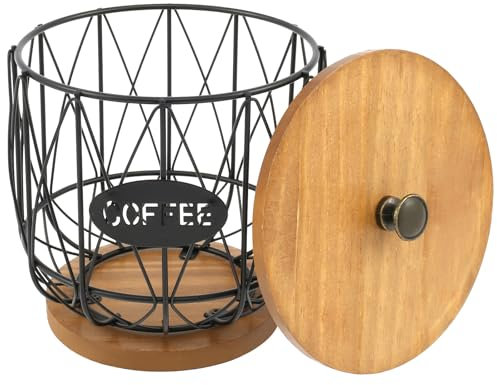 NIHUIFDPY Coffee Pod Holder with Wood Lid Large Capacity Coffee Filter Holder with Wooden Base Stylish Black Wire Coffee Basket for Home Office Kitchen Countertop Coffee Bar Coffee Station(Black)