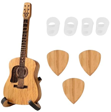 Wooden Acoustic Guitar Pick Box with Stand, Holder, 3 Picks and 4 Silicone Guitar Fingertips