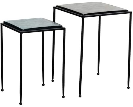 FineBuy Beistelltisch 2er Set Blau Schwarz Design Satztisch Glas Metall Eckig, Wohnzimmertisch Modern, Ausgefallener Couchtisch Quadratisch, Sofatisch 2-teilig abnehmbare Tischplatte Bunt