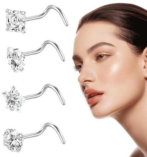 Naqqios Lot de 4 piercings de nez en acier inoxydable - Bijou de nez à vis brillant et tendance pour femme, homme et adolescent