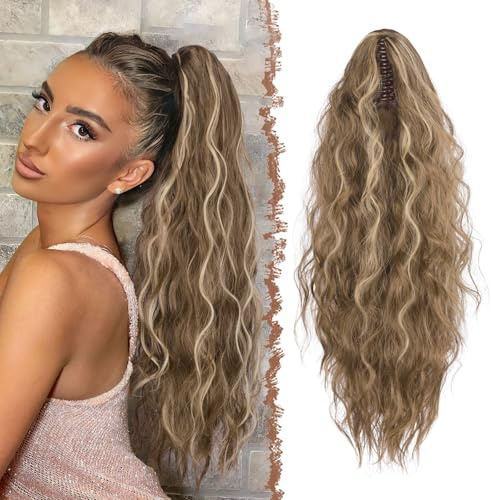FESHFEN Coleta Postiza Pelo Natural con Pinza Cola Postiza Largo Ondulado Rizado Castaño Claro & Rubio Sintética Extensiones Coleta Postizos para Mujeres, 65 cm