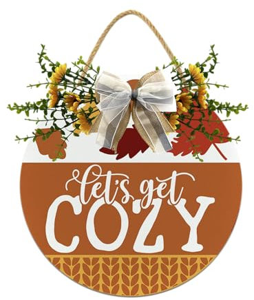 Let's Get Cozy Haustürschild, lustige Kränze, hängende Holzschild, Dekoration, rund, rustikales Holz, Bauernhaus-Veranda-Dekoration für Zuhause, Haustür-Dekoration, 27,9 x 27,9 cm