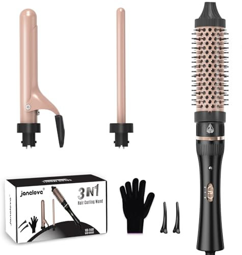 janelove Hair Curling Wand,3 in 1 Hair Curler Set with Thermal Brush for Natural Curls,13 and 25mm Ceramic Curling Wand for Long Hair,Interchangeable Hair Curler Wand Set with 38mm Brush