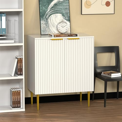 Free Standing Wooden Fluted Chic Elegant Sideboard Buffet Accent Cabinet Cupboard Storage Table Home With 2 Doors & Metal Legs