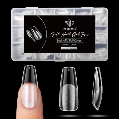 Modelones Uñas Postizas Coffin Media Semimate 510 Piezas, Tips Uñas Transparentes 15 Tamaños Tips Uñas Soft Gel, Puntas de Uñas Cobertura Total para Salones, Manicuras DIY Press On Nails