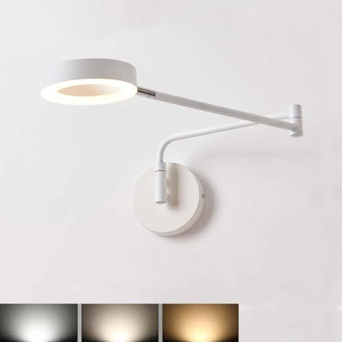 AoLa Weiß Schlafzimmer Wandleuchte Verstellbarer Schwenkarm Wandlampe 8W LED 3 Lichtfarbe 3000K/4000K//6000K Dimmbar Nachttischlampe Modern Ring Acrylschirm Wand Leselampe Drehbar Langer Arm Lampe
