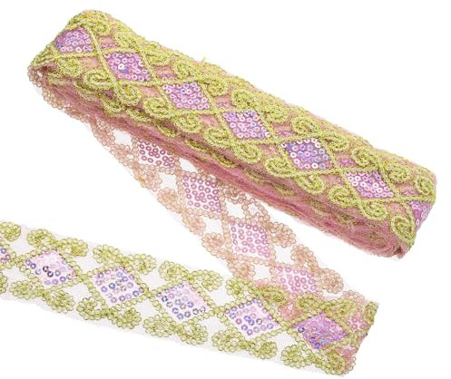 sourcing map Nastro in pizzo con paillettes da 9,1 m, 6,1 cm, bordo dorato, con paillettes, nastro piatto per artigianato, cucito, vestiti, decorazione per casa, feste, colore rosa