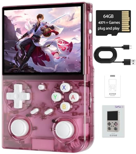 Consola de juegos portátil retro G350, pantalla IPS de 3.5 pulgadas, sistema Linux integrado 64G tarjeta TF 4371 juegos, consola de juegos precargada, batería de 3200 mAh (G350 rosa transparente)