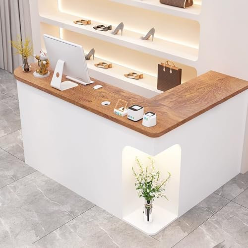 JIAOCKJIAO Empfangstheke, Rezeptionstheke mit Abschließbarer Schublade, L-förmiger Kassierer, Empfangstisch Aus Holz Für Bekleidungsgeschäft, Schönheitssalon, Lobby(Left Brown,55.1in/140cm)
