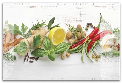 timalo Küchenbild aus Acrylglas modernes Wandbild Glasbild Deko Küche XXL Bild wie Glas | 60x40cm Kräuter Zitrone Vintage, Shabby, Chilli, Chillischote, Basilikum, Gewürze