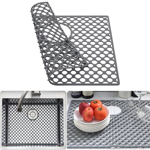 Brovy Küchenspüle-Schutzmatten, 47,2 x 39,6 cm, Silikon-Spülbeckenmatten | Hitzebeständige rutschfeste faltbare Küchenspüle Matte für Einzelbecken Edelstahl Porzellan Spüle (grau)
