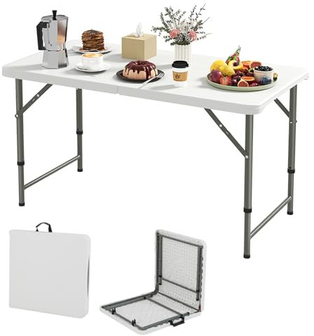 KOMFOTTEU Tavolo Pieghevole, Regolabile in Altezza, Tavolo Campeggio Salvaspazio in HDPE, Carico di 180 kg, Tavolo Picnic Richiudibile e Portatile con Maniglia, per Barbecue, Giardino, Esterno, Bianco