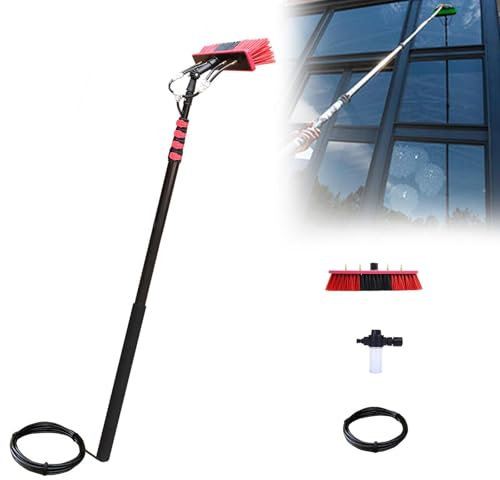 Sunseota Perche Télescopique de Nettoyage,3.6m - 6m Toiture et Panneaux Solaires - Brosse Telescopique de Nettoyage, Kit Professionnel avec Barre de Lavage à Pulvérisation d'eau,30FT【9M】
