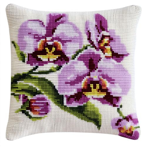 Kitquiver Kit Mezzo Punto Ricamo Orchidea Phalaenopsis Colorata Lavori All'Uncinetto Con Utensile Per Uncinettos Per Adulti Kit Fai Da Te Per Cuscini Fatti A Mano Per La Casa Decorazione 17x17In