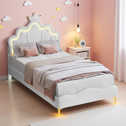 JYNVO Prinsessäng 90 x 200 cm med LED-ljuslister, barnsäng med kronform, vadderad barnsäng av PU-läder, LED-säng för flickrum, vit prinsesssäng