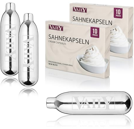 Vaily Sahnekapseln 20er Pack - N2O Kapseln für Sahnespender und Sahnesyphons - Zum einfachen Zubereiten von Sahne, Espumas, Suppen und mehr