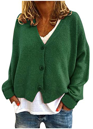 Generisch Veste en tricot pour femme avec col en V, boutons, tricot extensible, décontracté, pull en tricot, veste, manteau, blouse traditionnelle, Vert armée., L