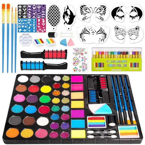Face Painting Kit for Kids, 51 Colors Water Based Non-Toxic Paint, with 4 Brushes, 38 Stencils, 6 Reusable Stencils, etc. Washable Face Paints for Birthdays Halloween Party Carnival