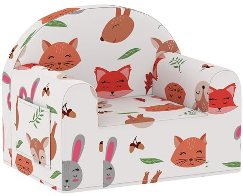 AIYAPLAY Sillón Infantil con Estampado de Zorros, Sofá para Niños de 18-36 Meses con Funda Extraíble y Lavable, Bolsillo Lateral, Reposabrazos, Carga 45 kg, Blanco