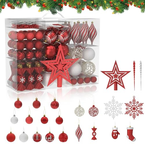 Froadp 138-teilig Weihnachtskugeln Set aus Kunststoff, Christbaumkugel Weihnachtsdeko Christbaumschmuck für Weihnachtsbaumdeko, Festliche Dekoration, DIY Basteln, Party (Rot + Weiß)