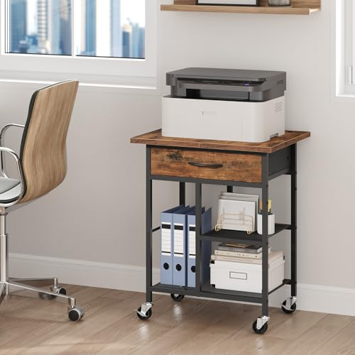 MAHANCRIS Printer Stand, Mobile Printer Table with Fabric Drawer, 3-Tier Under Desk Printer Cart with Storage Shelves, Rolling Storage Stand for Office, Study, Living Room, Rustic Brown APTHR3301