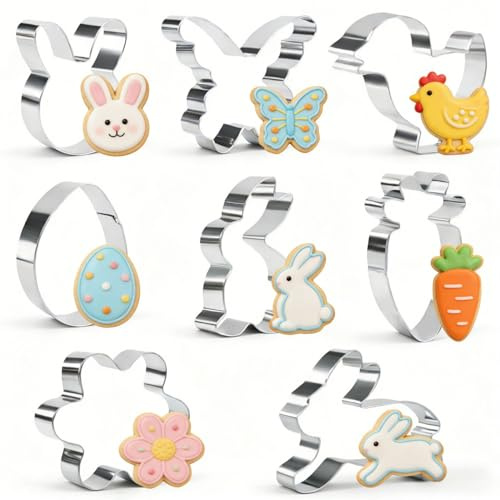 Ostern Ausstechformen, 8 Stück Edelstahl | Hase, Küken, Karotte, Ei, Schmetterling und Blume für Plätzchenteig, Fondant und Ostergebäck
