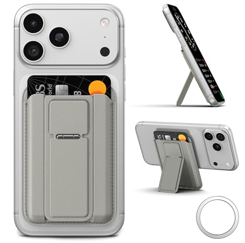 qaf Magnetic Card Holder Wallet for Smartphone, Slim Back Card Case with Phone Stand Support, Strong Magnet Grip, Easy-Access Pocket, Compatible with MagSafe & Magnetic Phone Cases Silver